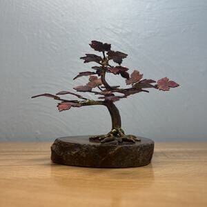 Enamel On Copper Metal Bonsai Tree Sculpture Gold Leaves Agate Stone Base
